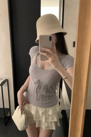Summer Lace Short-Sleeve Two-Piece T-Shirt for Women - Sexy Waist-Cinching Slim-Fit Knitted Top, Y2K Fashion