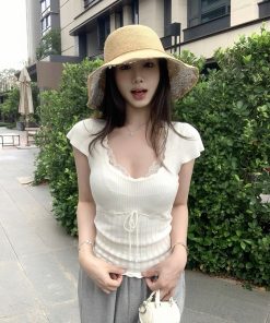 Summer Lace Short-Sleeve Two-Piece T-Shirt for Women - Sexy Waist-Cinching Slim-Fit Knitted Top, Y2K Fashion