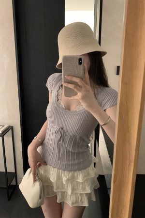 Summer Lace Short-Sleeve Two-Piece T-Shirt for Women - Sexy Waist-Cinching Slim-Fit Knitted Top, Y2K Fashion
