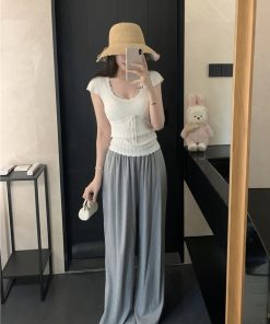 Summer Lace Short-Sleeve Two-Piece T-Shirt for Women - Sexy Waist-Cinching Slim-Fit Knitted Top, Y2K Fashion