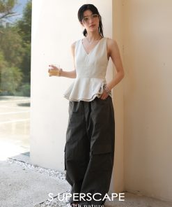 Summer Linen Feel V-Neck Sleeveless Waist-Defined Split Top - Lightweight Casual Style for Effortless Summer Fashion