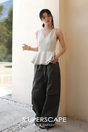 Summer Linen Feel V-Neck Sleeveless Waist-Defined Split Top - Lightweight Casual Style for Effortless Summer Fashion