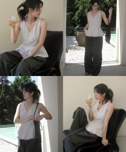 Summer Linen Feel V-Neck Sleeveless Waist-Defined Split Top - Lightweight Casual Style for Effortless Summer Fashion