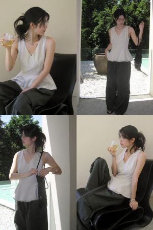 Summer Linen Feel V-Neck Sleeveless Waist-Defined Split Top - Lightweight Casual Style for Effortless Summer Fashion