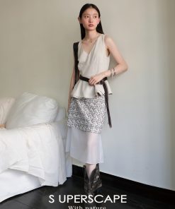 Summer Linen Feel V-Neck Sleeveless Waist-Defined Split Top - Lightweight Casual Style for Effortless Summer Fashion