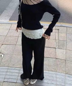 Summer Loose Flared Wide-Leg Suit Pants for Women in Pumpkin and Black, Pleated Design for Trendy Y2K Style