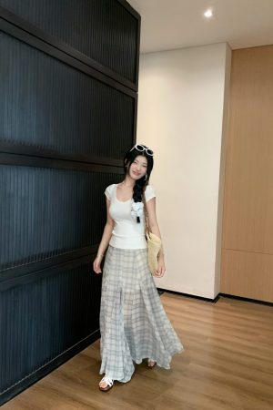 Summer Mermaid Skirt in Irregular Checkered Print with Sheer Mesh Overlay - Flowing and Gentle Style