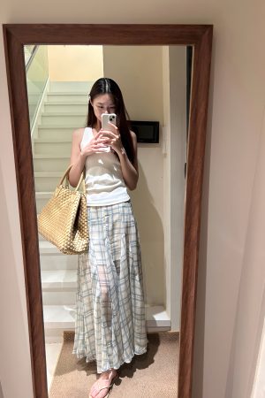 Summer Mermaid Skirt in Irregular Checkered Print with Sheer Mesh Overlay - Flowing and Gentle Style