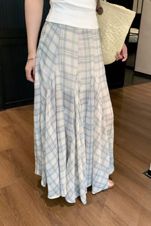 Summer Mermaid Skirt in Irregular Checkered Print with Sheer Mesh Overlay - Flowing and Gentle Style