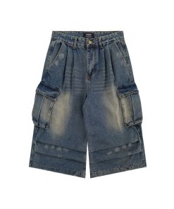 Summer Multi-Pocket Pleated Denim Shorts for Men & Women - Loose Straight Leg, Washed Distressed, 90s Style Seven-Point Pants