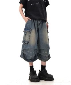 Summer Multi-Pocket Pleated Denim Shorts for Men & Women - Loose Straight Leg, Washed Distressed, 90s Style Seven-Point Pants