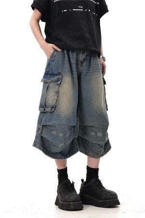 Summer Multi-Pocket Pleated Denim Shorts for Men & Women - Loose Straight Leg, Washed Distressed, 90s Style Seven-Point Pants