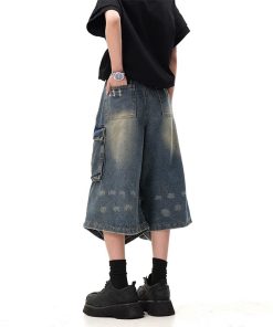 Summer Multi-Pocket Pleated Denim Shorts for Men & Women - Loose Straight Leg, Washed Distressed, 90s Style Seven-Point Pants