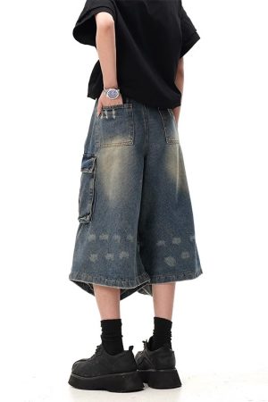 Summer Multi-Pocket Pleated Denim Shorts for Men & Women - Loose Straight Leg, Washed Distressed, 90s Style Seven-Point Pants