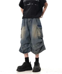 Summer Multi-Pocket Pleated Denim Shorts for Men & Women - Loose Straight Leg, Washed Distressed, 90s Style Seven-Point Pants