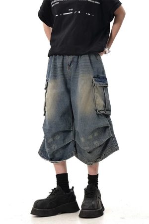 Summer Multi-Pocket Pleated Denim Shorts for Men & Women - Loose Straight Leg, Washed Distressed, 90s Style Seven-Point Pants