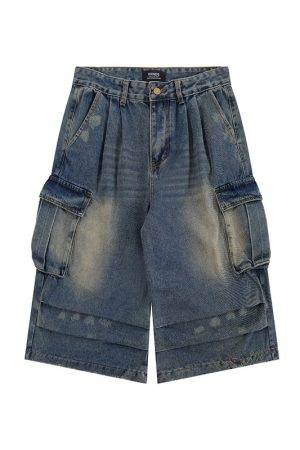 Summer Multi-Pocket Pleated Denim Shorts for Men & Women - Loose Straight Leg, Washed Distressed, 90s Style Seven-Point Pants