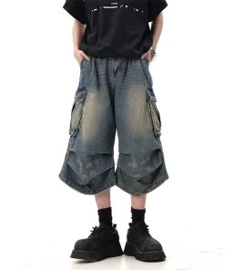 Summer Multi-Pocket Pleated Denim Shorts for Men & Women - Loose Straight Leg, Washed Distressed, 90s Style Seven-Point Pants