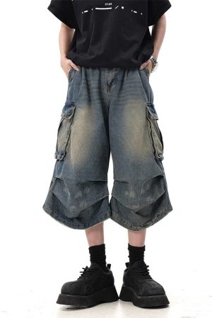 Summer Multi-Pocket Pleated Denim Shorts for Men & Women - Loose Straight Leg, Washed Distressed, 90s Style Seven-Point Pants