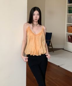 Summer Orange Yellow Sheer Fake Two-Piece Camisole - Slimming Versatile Top for Hot Girl Style