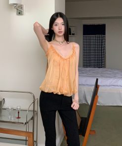 Summer Orange Yellow Sheer Fake Two-Piece Camisole - Slimming Versatile Top for Hot Girl Style