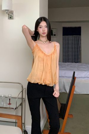 Summer Orange Yellow Sheer Fake Two-Piece Camisole - Slimming Versatile Top for Hot Girl Style
