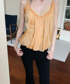 Summer Orange Yellow Sheer Fake Two-Piece Camisole - Slimming Versatile Top for Hot Girl Style