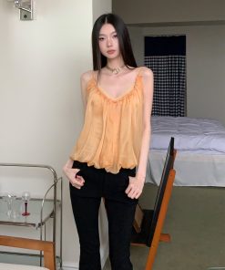 Summer Orange Yellow Sheer Fake Two-Piece Camisole - Slimming Versatile Top for Hot Girl Style