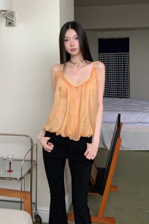 Summer Orange Yellow Sheer Fake Two-Piece Camisole - Slimming Versatile Top for Hot Girl Style