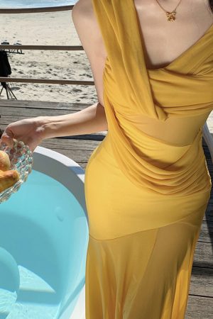 Summer Party Sexy Sheer Mesh Spliced Dress with Knot Design Long Skirt - Perfect for Vacation and Y2K Style