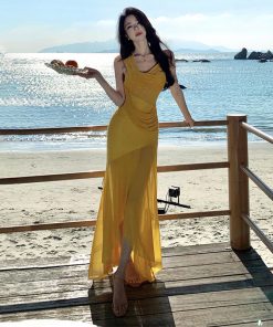 Summer Party Sexy Sheer Mesh Spliced Dress with Knot Design Long Skirt - Perfect for Vacation and Y2K Style