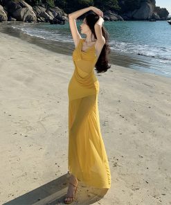 Summer Party Sexy Sheer Mesh Spliced Dress with Knot Design Long Skirt - Perfect for Vacation and Y2K Style