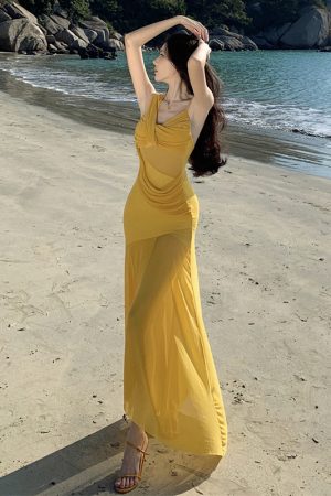 Summer Party Sexy Sheer Mesh Spliced Dress with Knot Design Long Skirt - Perfect for Vacation and Y2K Style