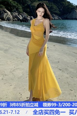 Summer Party Sexy Sheer Mesh Spliced Dress with Knot Design Long Skirt - Perfect for Vacation and Y2K Style