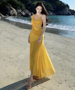 Summer Party Sexy Sheer Mesh Spliced Dress with Knot Design Long Skirt - Perfect for Vacation and Y2K Style