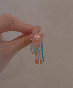 Summer Peach Blossom Beaded Earrings for Women - Colorful Gradient Tassel Long Earrings for Vacation Style