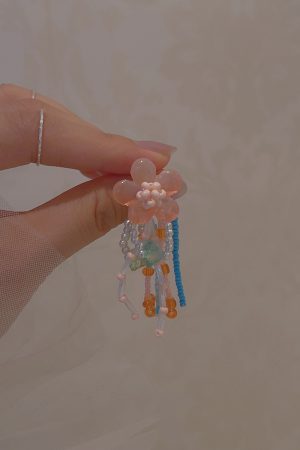 Summer Peach Blossom Beaded Earrings for Women - Colorful Gradient Tassel Long Earrings for Vacation Style