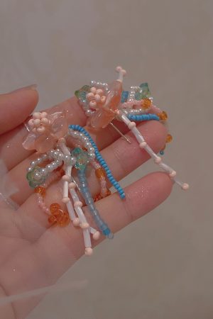 Summer Peach Blossom Beaded Earrings for Women - Colorful Gradient Tassel Long Earrings for Vacation Style