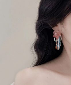 Summer Peach Blossom Beaded Earrings for Women - Colorful Gradient Tassel Long Earrings for Vacation Style