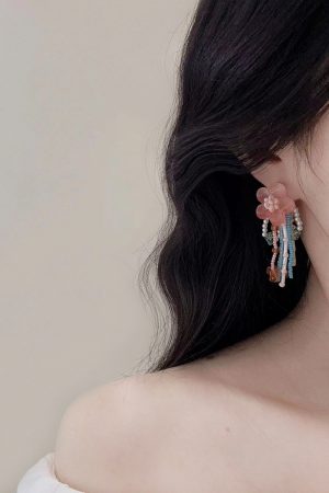 Summer Peach Blossom Beaded Earrings for Women - Colorful Gradient Tassel Long Earrings for Vacation Style