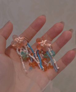 Summer Peach Blossom Beaded Earrings for Women - Colorful Gradient Tassel Long Earrings for Vacation Style