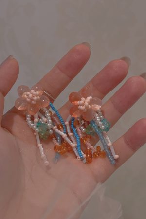 Summer Peach Blossom Beaded Earrings for Women - Colorful Gradient Tassel Long Earrings for Vacation Style