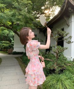 Summer Pink Ruffled Dress for Women, Unique Waist-Cinching Design, Slimming Fit, Gorgeous Cake Dress, Perfect for 90s and Y2K Styles