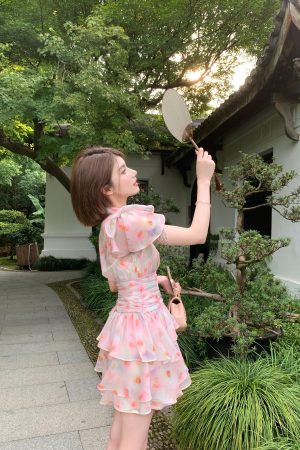 Summer Pink Ruffled Dress for Women, Unique Waist-Cinching Design, Slimming Fit, Gorgeous Cake Dress, Perfect for 90s and Y2K Styles