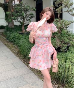 Summer Pink Ruffled Dress for Women, Unique Waist-Cinching Design, Slimming Fit, Gorgeous Cake Dress, Perfect for 90s and Y2K Styles