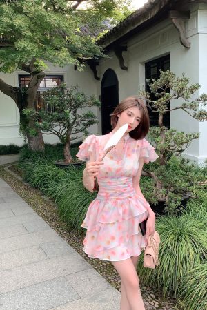 Summer Pink Ruffled Dress for Women, Unique Waist-Cinching Design, Slimming Fit, Gorgeous Cake Dress, Perfect for 90s and Y2K Styles