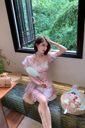 Summer Pink Ruffled Dress for Women, Unique Waist-Cinching Design, Slimming Fit, Gorgeous Cake Dress, Perfect for 90s and Y2K Styles