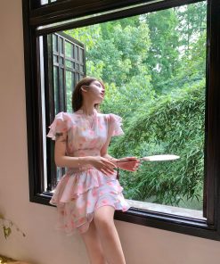 Summer Pink Ruffled Dress for Women, Unique Waist-Cinching Design, Slimming Fit, Gorgeous Cake Dress, Perfect for 90s and Y2K Styles