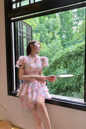 Summer Pink Ruffled Dress for Women, Unique Waist-Cinching Design, Slimming Fit, Gorgeous Cake Dress, Perfect for 90s and Y2K Styles