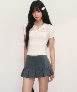 Summer Polo Collar White Short Sleeve Women's Spliced T-shirt Slim Fit Top - Trendy Casual Style for 2025